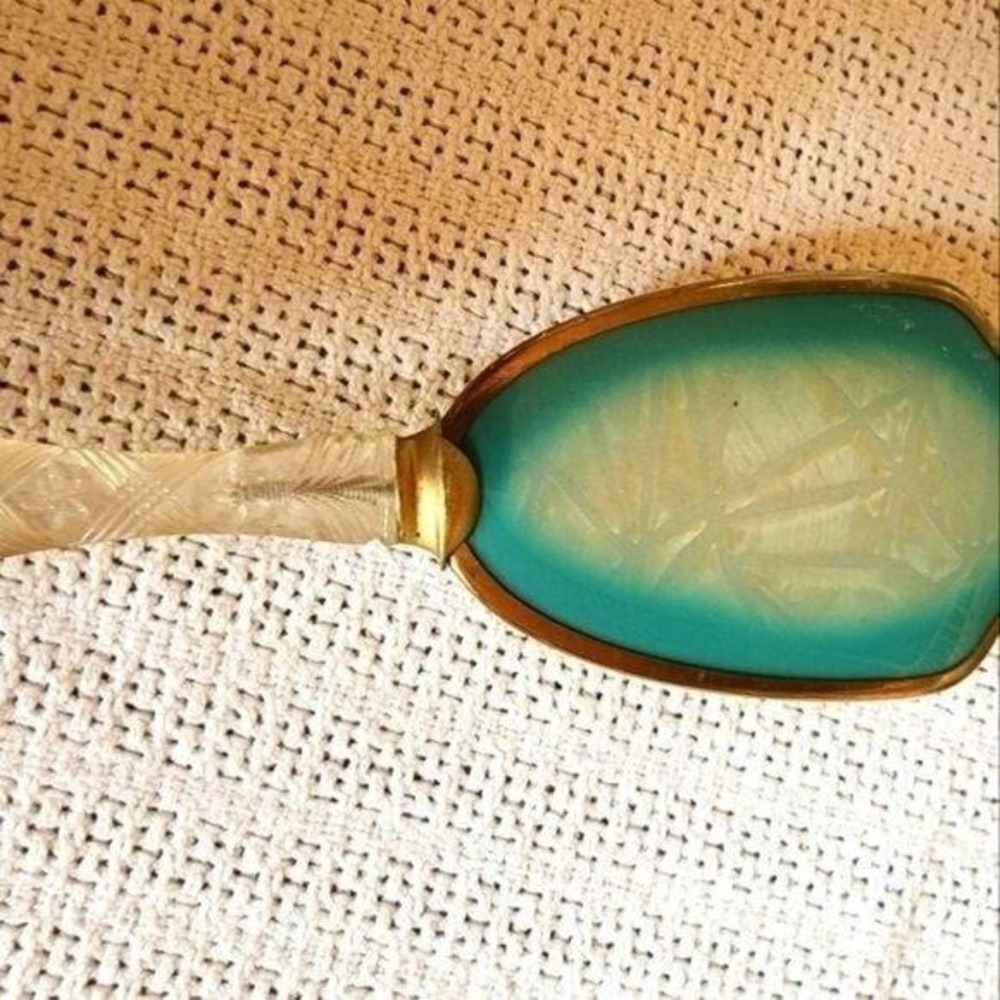 Vintage Antique Cut Glass‎ Handle Opalescent Teal Gold Trimmed Hand Brush
